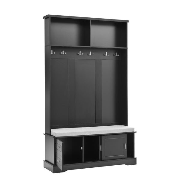 English Elm On-Trend Stylish Hall Tree With Sliding Doors, 6 Hooks, Cushion Bench & Smart Storage For Entryways N721P205787B-GIGA