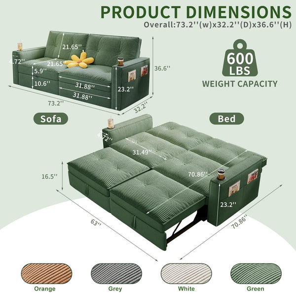 English Elm SOMNUS Convertible Sofa Bed with Corduroy Upholstery, Space-Saving 2-in-1 Design, Durable Steel Frame Green W3820S00011