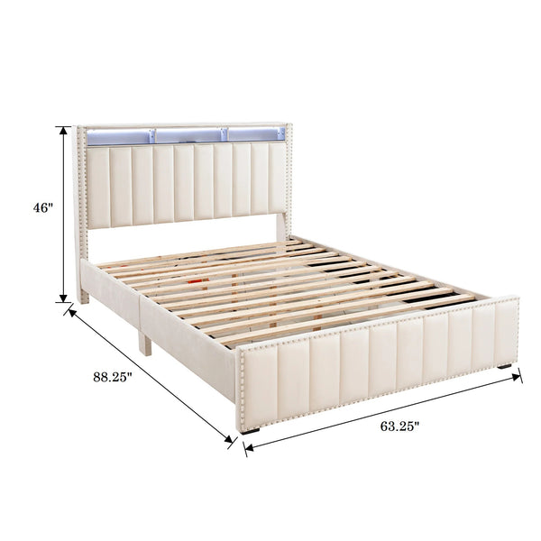 English Elm Contemporary Full Bedroom Set Channel Tufted Upholstered Bed with Led and Nightstands Beige B2741S00776
