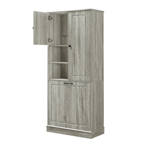 English Elm Tall Storage Cabinet with Flip-Out Basket, Adjustable Shelves & Aluminum Handles for Organized Living Oak N725P322739L