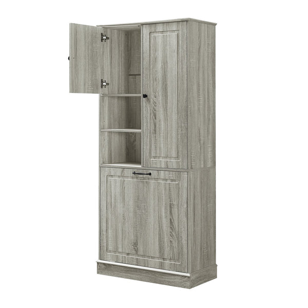 English Elm Tall Storage Cabinet with Flip-Out Basket, Adjustable Shelves & Aluminum Handles for Organized Living Oak N725P322739L