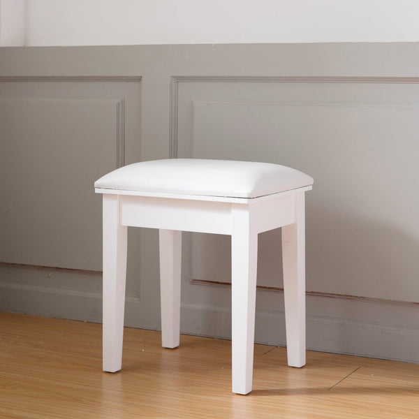 English Elm Vanity Stool with Cushion and Solid Wood Legs, White Finish — Comfortable PU Seat, Stable 264lb Load W3128P257656
