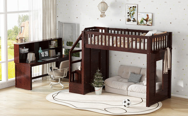 English Elm Twin Loft Bed with Movable Desk Open Shelving and Storage Stairs in Espresso W1580S00336