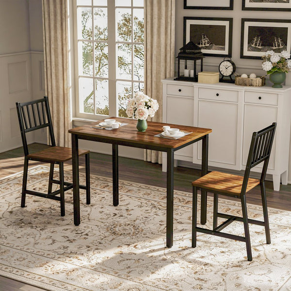 English Elm Dining Table Set 3 Piece Industrial Steel Frame with Melamine Top for Kitchen Nook Walnut W1162P424924