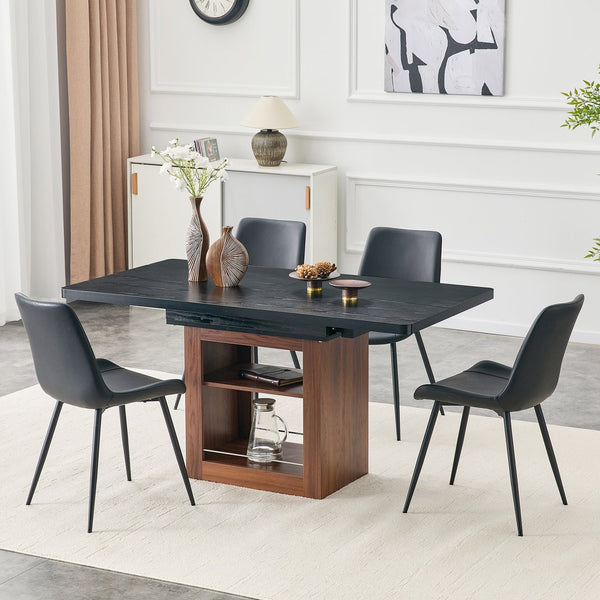 English Elm Scalable Extendable Dining Set Four Chairs Linen Upholstered Walnut Base Modern Walnut+Black W1151S04699