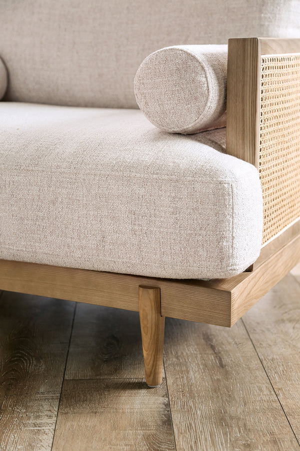 English Elm Mid-Century Beige Chair with Bolster Pillow, Ash Wood Legs & Rattan Panel — Retro Modern Comfort B2741P378636