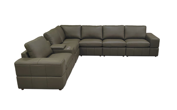 English Elm Premium Leather Match Sectional with Dual Recliners Square Arms and Console Storage Olive Green B2748S00145