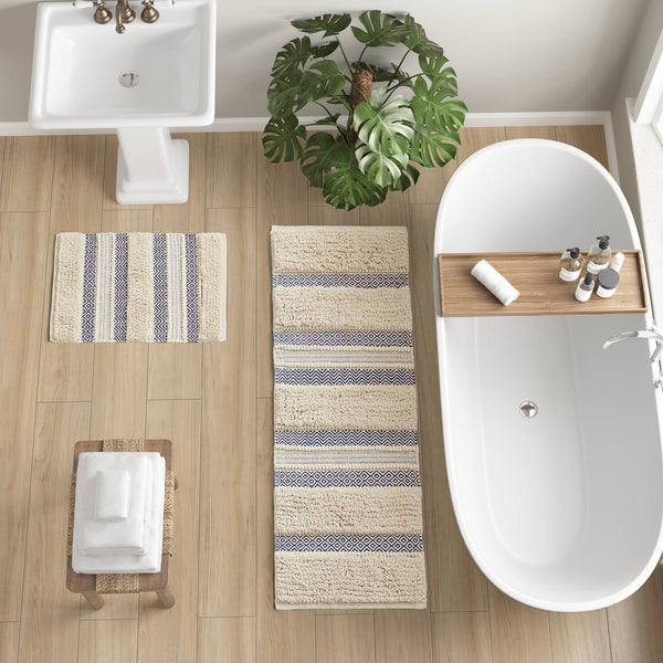 JLA Home INK+IVY - Bath Rug Hand-Woven Shaggy Taupe Geo Stripe Rug with Non-Skid Backing, Machine Washable Boho Chic Navy II72-1358