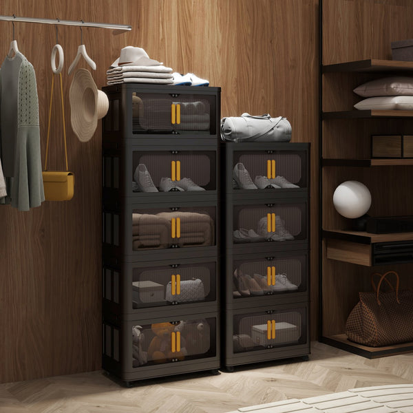 English Elm Black,24" Folding Storage Cabinet 4-Tier Collapsible Plastic Organizer with Wheels, Magnetic Door, Durable PP W2873P289712