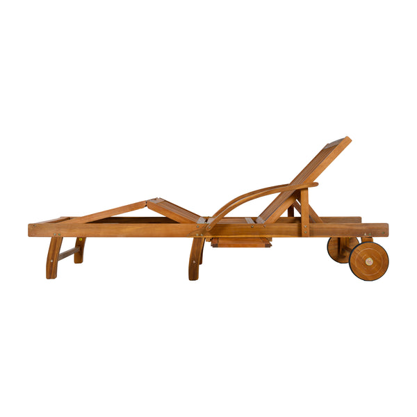 English Elm U_style Acacia Wood Outdoor Chaise Lounger with Reclining Backrest Cushions and Side Tray Beige N711P415859A