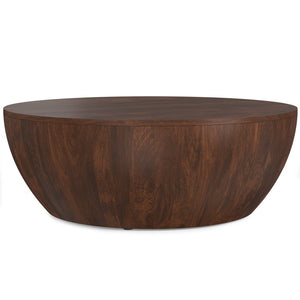 English Elm Elmbrook Round Mango Wood Coffee Table Low Profile Drum Design for Modern Living Rooms Walnut Brown B136P429098