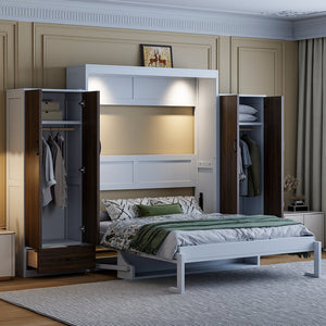 English Elm Full Size Murphy Wall Bed with Wardrobes Desk Drawers and Led Light in White LP000924AAK