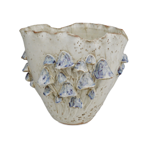 Black Forest Mushrooms Whimsical Ivory Vase with Blue Reactive Glaze - Handcrafted Ceramic Decor