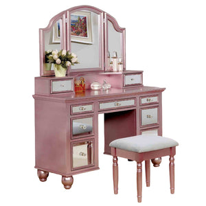 English Elm Transitional Glam Mirrored Vanity with Padded Stool, Spacious Drawers, Central Mirror for Prep and Storage Rose Gold 51 L x 21 W x 30 H B2741P400805