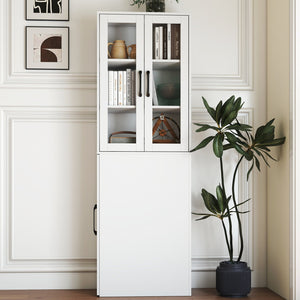 English Elm 70.87" Modern Display Storage Cabinet with 4-Tier Pull-Out Shelves, Dual Glass Doors for Home White W331P295245