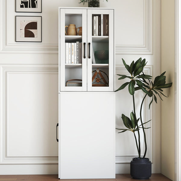 English Elm 70.87" Modern Display Storage Cabinet with 4-Tier Pull-Out Shelves, Dual Glass Doors for Home White W331P295245