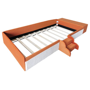 English Elm Twin Velvet Kids Daybed with Built-in Stairs Padded Guardrails and Gas Lift Storage Brown+White SF000201AAD