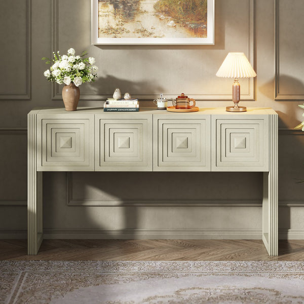English Elm [video] Art Deco Console Table Geometric Carved Fronts Fluted Legs 3 Soft-close Drawers Natural N759P433572N