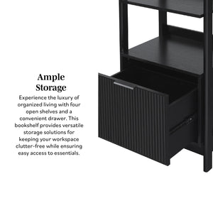 English Elm Walker Edison - Transitional Wide Reeded Bookshelf with Drawers on Bottom for Home Office, Spacious Shelving & Storage Black 75.38 L x 20.38 W x 6 H B185P200193