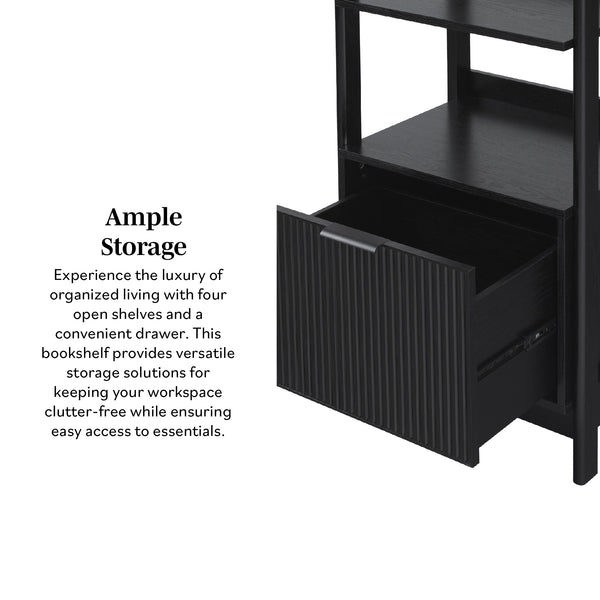 English Elm Walker Edison - Transitional Wide Reeded Bookshelf with Drawers on Bottom for Home Office, Spacious Shelving & Storage Black 75.38 L x 20.38 W x 6 H B185P200193