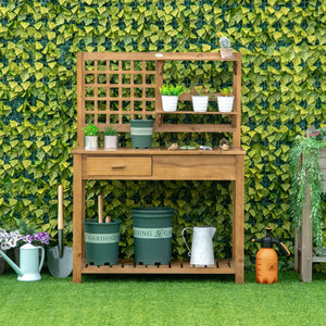 English Elm Outsunny Versatile Wooden Potting Bench With Shelves & Trellis, Perfect Outdoor Garden Workstation W2225P217252-GIGA