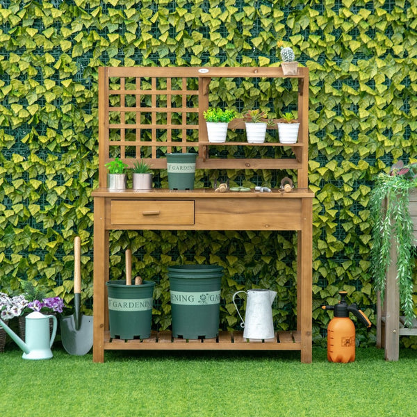 English Elm Outsunny Versatile Wooden Potting Bench With Shelves & Trellis, Perfect Outdoor Garden Workstation W2225P217252-GIGA