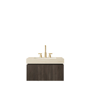 English Elm Muri Floating Bathroom Vanity Plywood Cabinet Travertine Stone Top Espresso Woodgrain W2615S00613