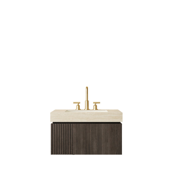 English Elm Muri Floating Bathroom Vanity Plywood Cabinet Travertine Stone Top Espresso Woodgrain W2615S00613