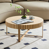 English Elm Modern Handcraft Drum Coffee Table 31.5 Inch Round Coffee Table For Living Room,Small Coffee Table With Sturdy Pedestal,Natural Ash