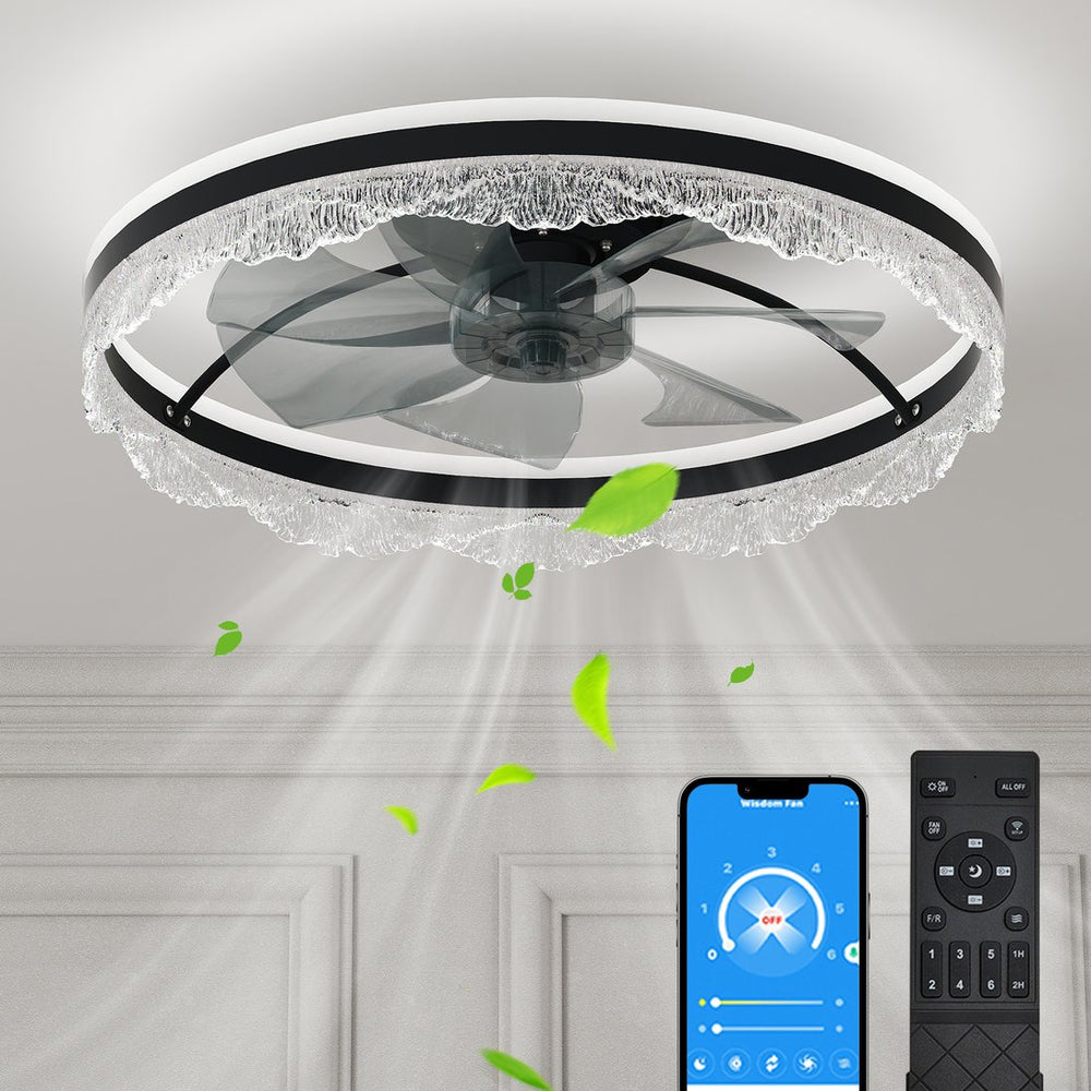 English Elm 24" Modern Quiet Ceiling Fan with LED Crystal Flush Mount, Hidden Blades, Dimmable Remote & App Control W2312P368706