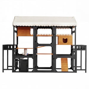 English Elm Large Pine Wood Catio Outdoor Cat Enclosure with Wire Mesh and Dual Plant Stands Black N704G201617B