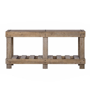 English Elm U_Style 62.9" Vintage Console Table - Solid Fir Wood, Antique Metal Rivets & Under-Shelf Storage Option N711P289135O-GIGA