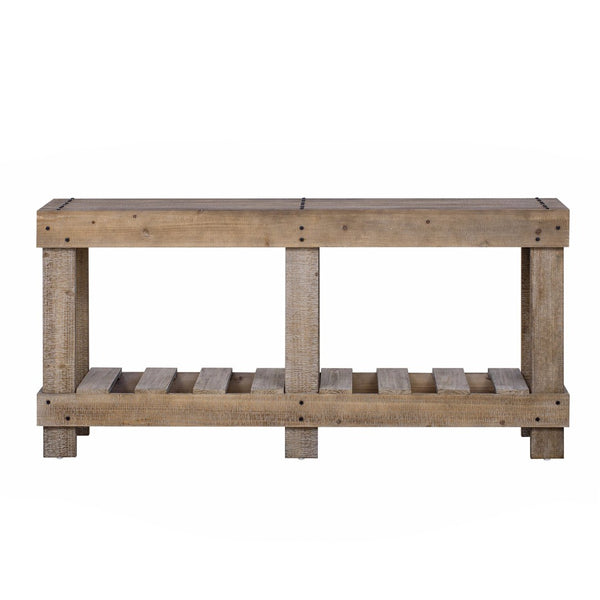 English Elm U_Style 62.9" Vintage Console Table - Solid Fir Wood, Antique Metal Rivets & Under-Shelf Storage Option N711P289135O-GIGA