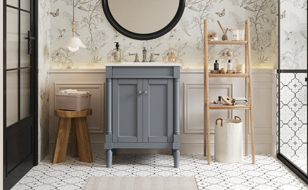 English Elm 24'' Modern Bathroom Vanity with Ceramic Basin, Solid Wood Frame, Soft-Close Doors, Ample Storage Grey N710P190503E