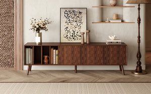 English Elm 68" Mid-century Walnut Media Console with Open Shelves and Soft-close Cabinet Storage N710P446195P