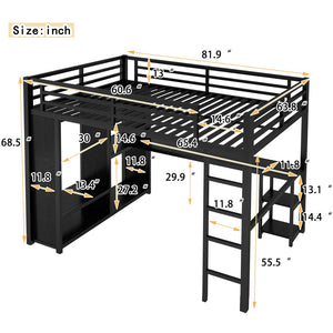 English Elm Queen Size Loft Bed Frame With Integrated Wardrobe, Desk & Shelves - Space-Saving Black Design W1580S00105-GIGA