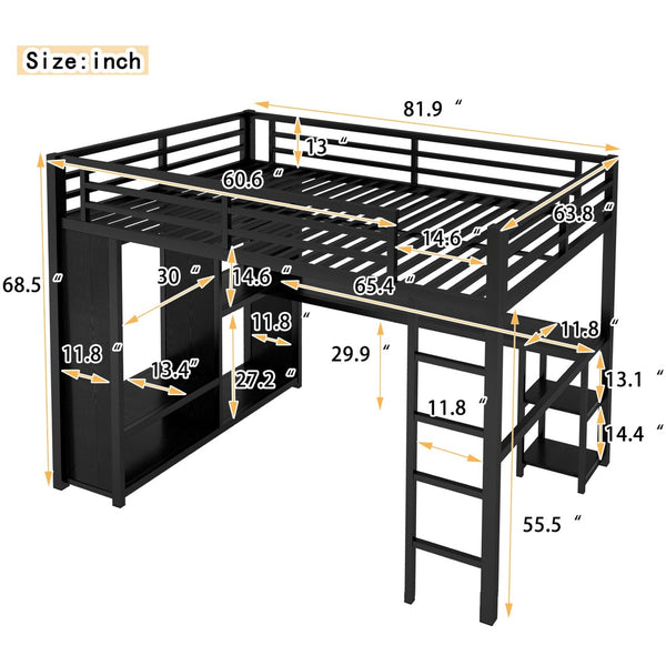 English Elm Queen Size Loft Bed Frame With Integrated Wardrobe, Desk & Shelves - Space-Saving Black Design W1580S00105-GIGA