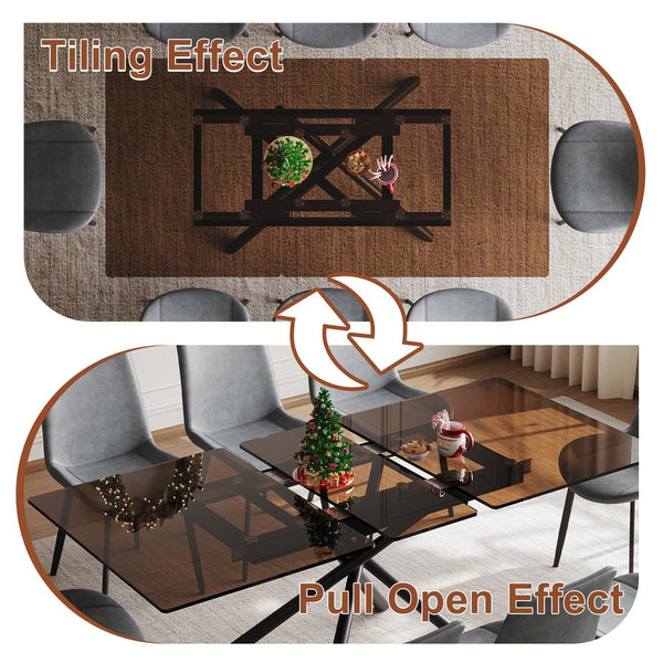 English Elm 59-inch Expandable Glass Top Dining Set Seats 8 with Upholstered Chairs X-base W2700S00083