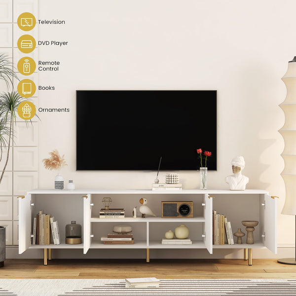 English Elm White Fluted TV Stand 68" Modern White Media Console with 4 Storage Doors, Gold Legs Accent, Durable MDF Finish W1321P185967