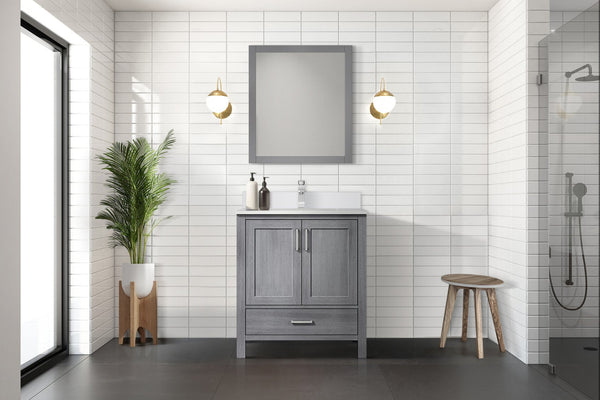 English Elm Distressed Grey 30 in Vanity with Cultured Marble Top, Chrome Faucet & 28x32 Mirror, Scratch-Resistant SurfaceDistressed Grey 30 in Vanity with Cultured Marble Top, Chrome Faucet & 28x32 Mirror, Scratch-Resistant Surface B2731S01326