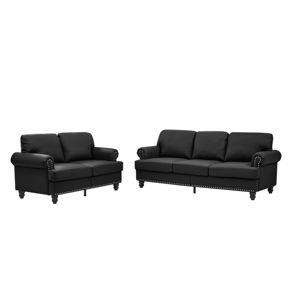 English Elm Modern Classic Living Room 2+3 Seater Sofa Set with Nailhead Trim, Removable Covers, Coil Springs, Hidden Storage Black W1097S00179
