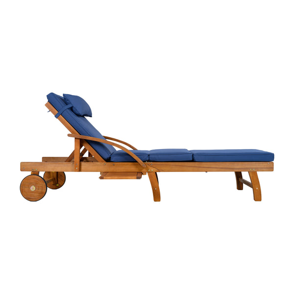 English Elm U_style Acacia Wood Outdoor Chaise Lounger with Reclining Backrest Cushions and Side Tray Navy Blue N711P415859C