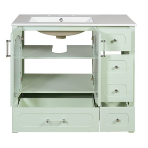 English Elm 36" Green Bathroom Vanity with Waffle Texture Doors, 4 Drawers, Glass Panels, Soft-Closing, Modern Storage N710P280025C