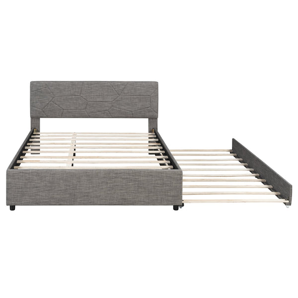 English Elm Queen Linen Upholstered Platform Bed with Brick Textured Headboard and Pull Out Trundle SF000004AAE-1