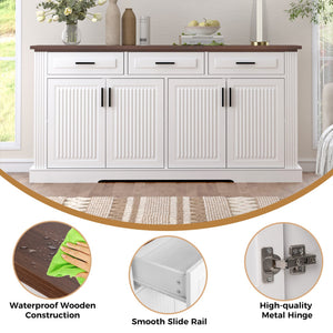 English Elm 63" Fluted Sideboard Buffet Cabinet with Coffee Bar Storage, 4 Doors 3 Drawers, Smooth Silent Slides White W2917P319113