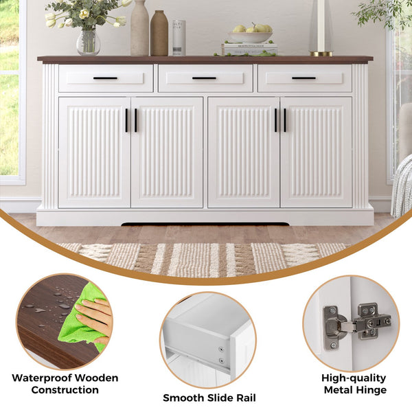 English Elm 63" Fluted Sideboard Buffet Cabinet with Coffee Bar Storage, 4 Doors 3 Drawers, Smooth Silent Slides White W2917P319113