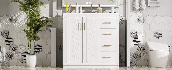 English Elm 36'' Bathroom Vanity with Ceramic Sink Combo Solid Wood Frame Soft-Closing Drawers Ample Storage Elegance White N710P243327K