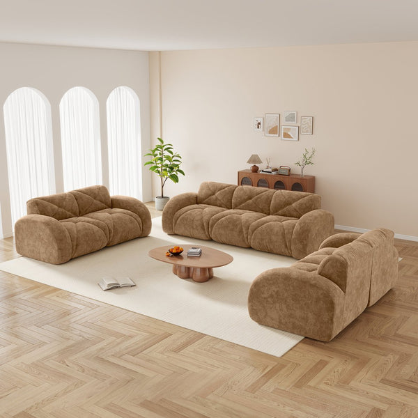 English Elm 3 Piece Velvet Cloud Sofa Set Tufted Plush Living Room Modular Seating Collection Camel W714S01636