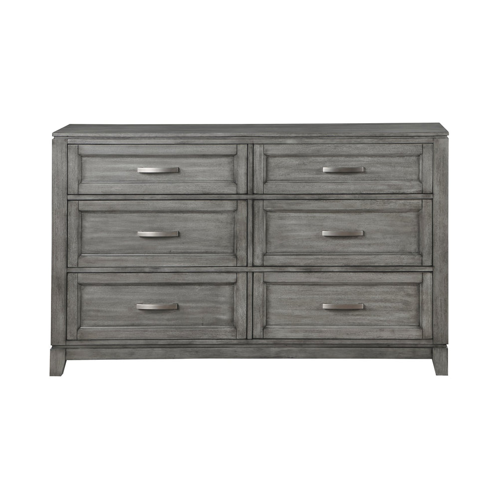 English Elm Gray Okume Veneer Six Drawer Wide Dresser with Nickel Pulls for Primary Bedroom B011P272290