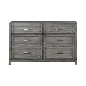 English Elm Gray Okume Veneer Six Drawer Wide Dresser with Nickel Pulls for Primary Bedroom B011P272290